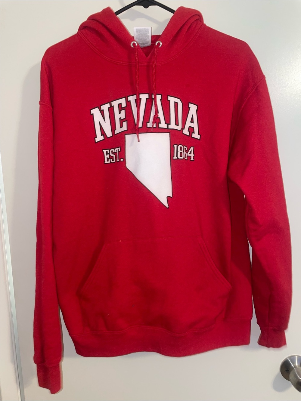 Jerzees Red Nevada Hooded Sweatshirt with White State Graphic